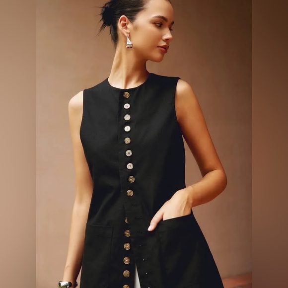 Black Cotton & Linen Crew Neck Sleeveless Button Up Front Longline Vest - Picture 4 of 14